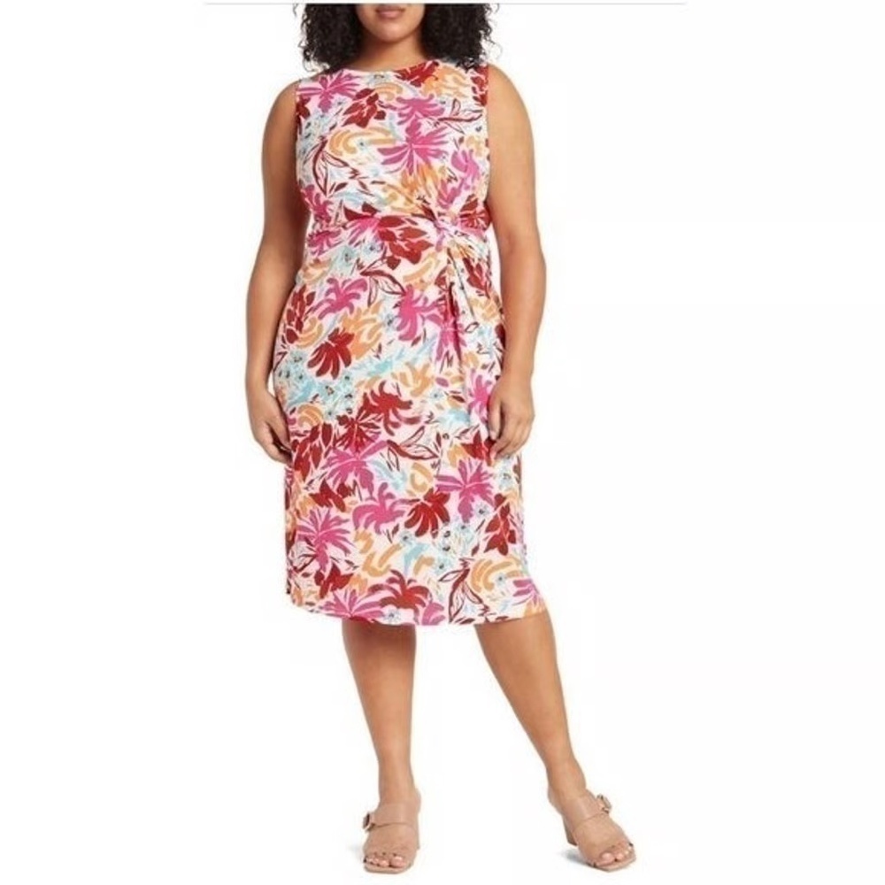 NWT Maggy London Sleeveless Side Twist Front Midi Dress Pink White Floral Size 2